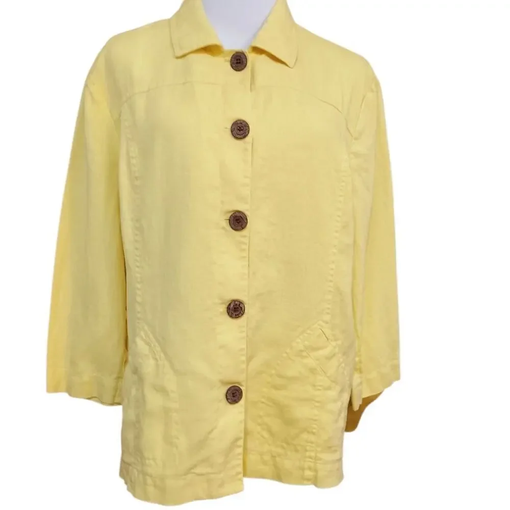 CHICO'S 1 Yellow 100% Linen Jacket M Pockets Light Office Career Travel Vacation